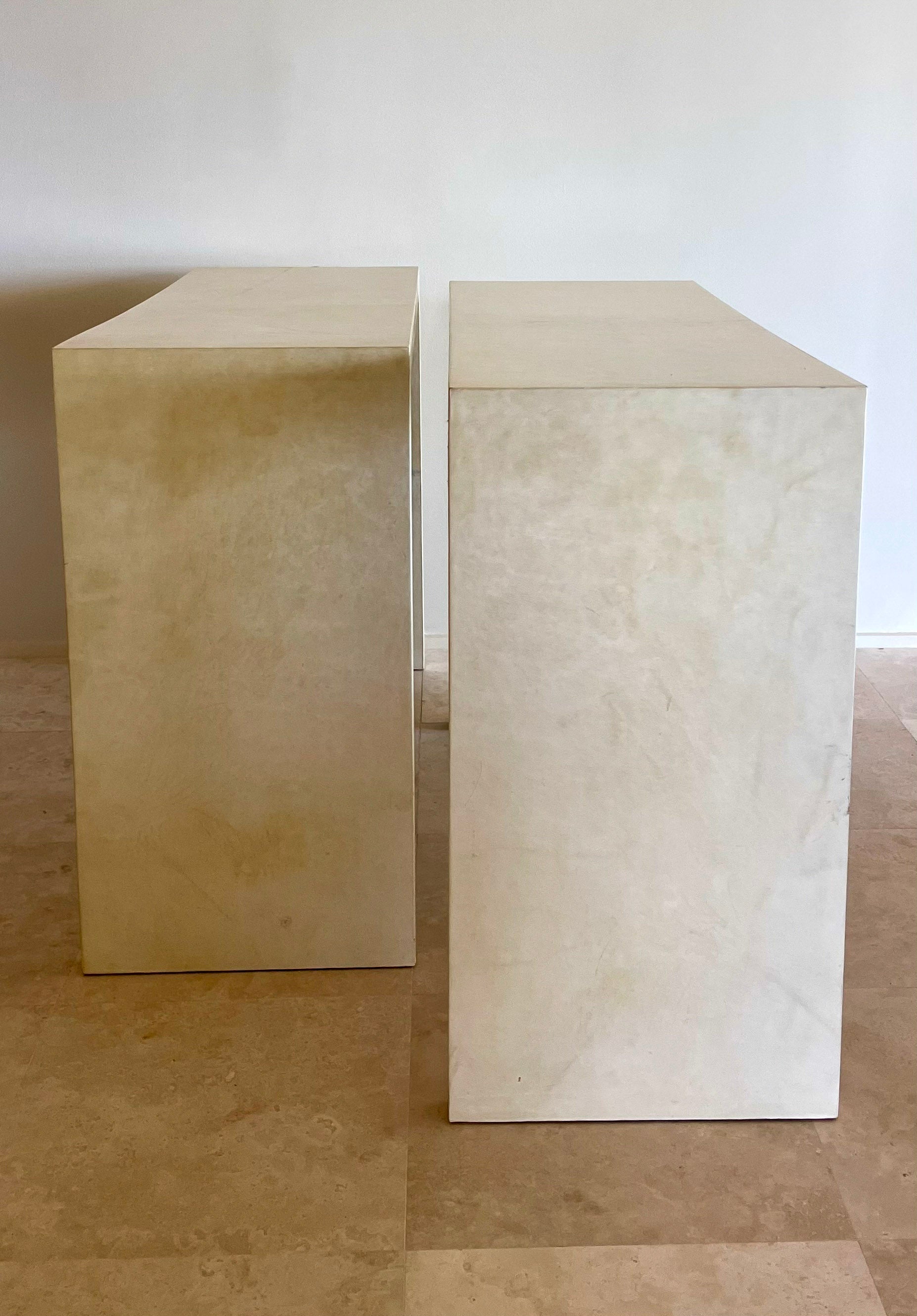 1980s Pair of Parchment Covered Console Tables (In the Manner of Jean-Michel Frank)