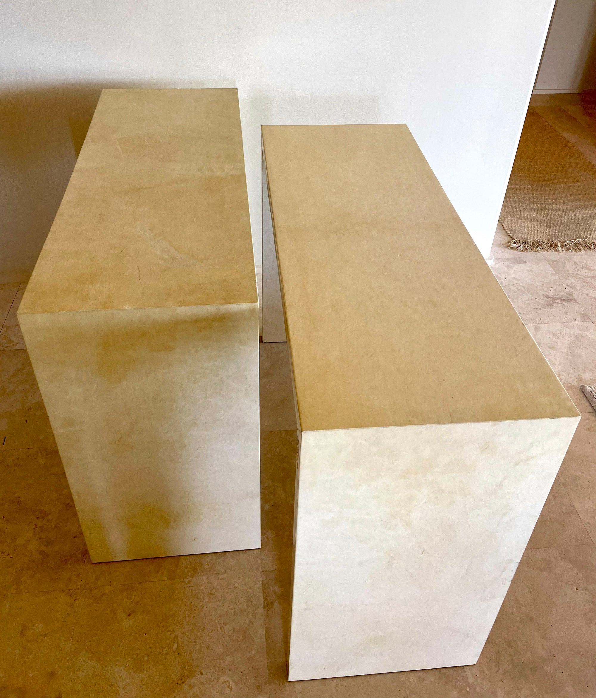 1980s Pair of Parchment Covered Console Tables (In the Manner of Jean-Michel Frank)