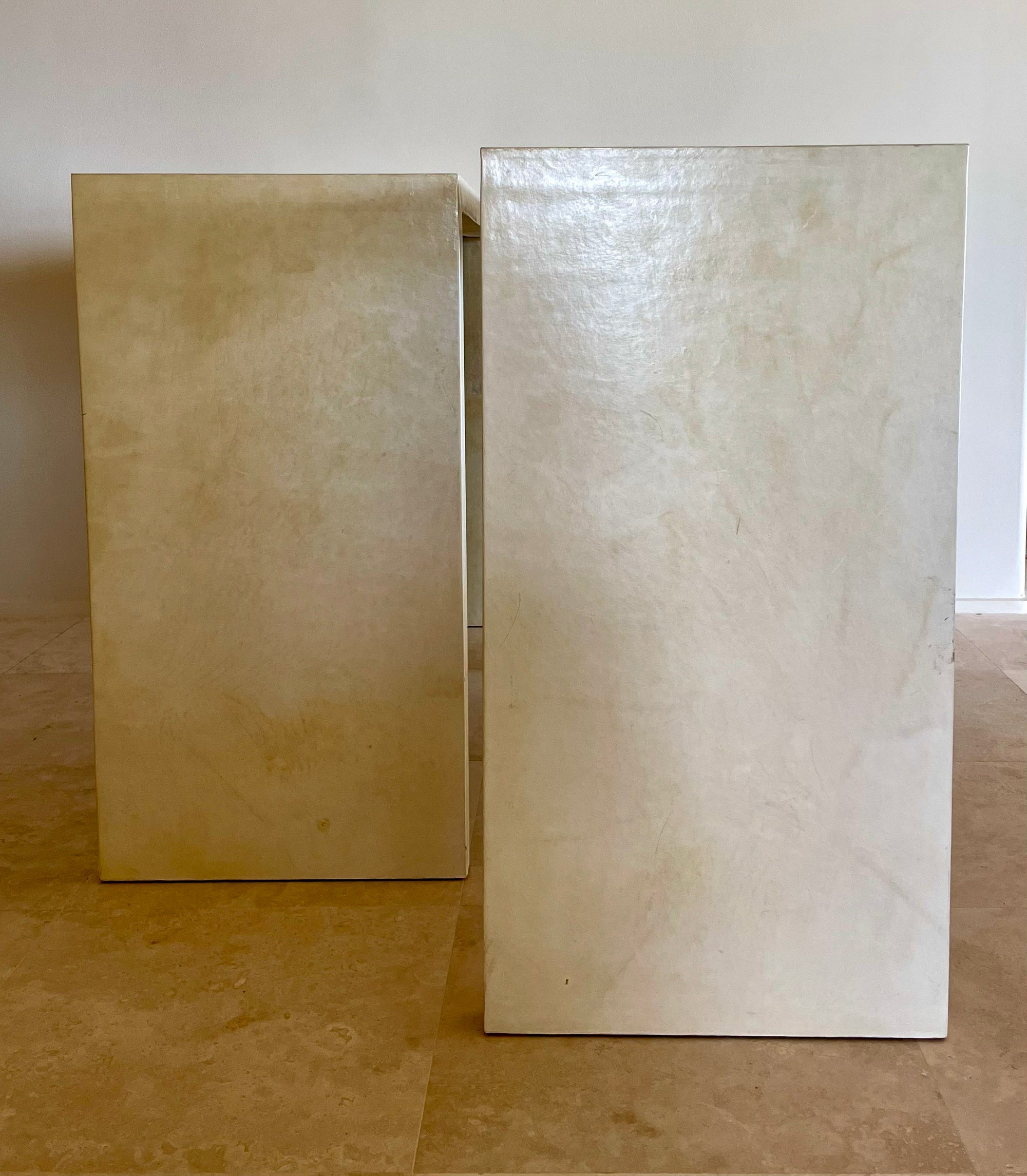 1980s Pair of Parchment Covered Console Tables (In the Manner of Jean-Michel Frank)