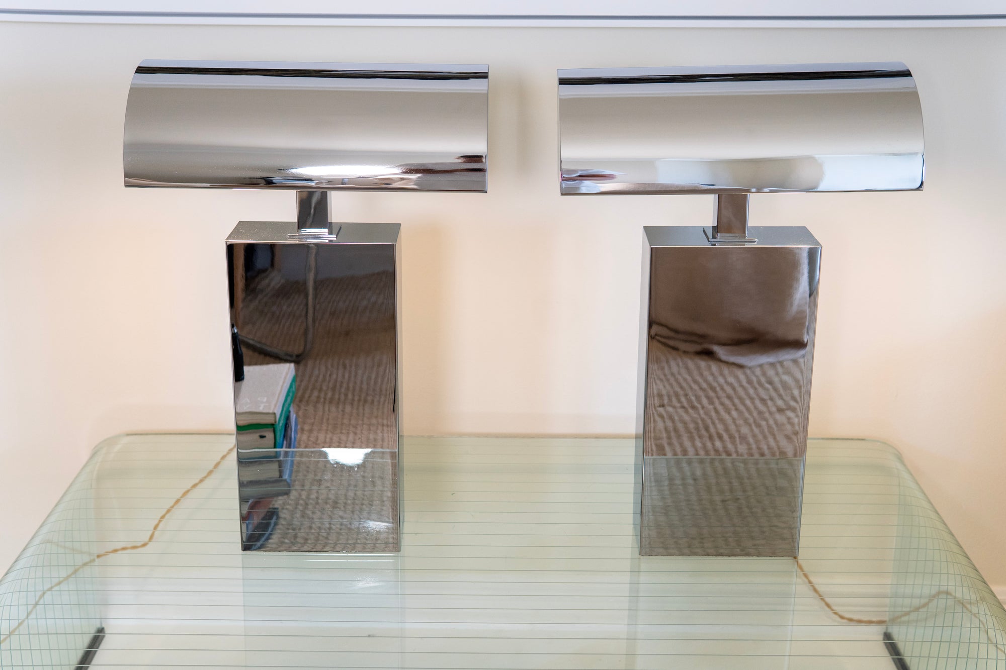 Pair of Karl Springer "Sculpture Desk Lamp" in Polished Chrome 1980s (Signed)